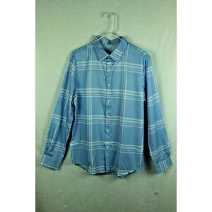 Men's Dress Shirt 100% Polyester Blue White Plaid Long Sleeve Formal Casual Work